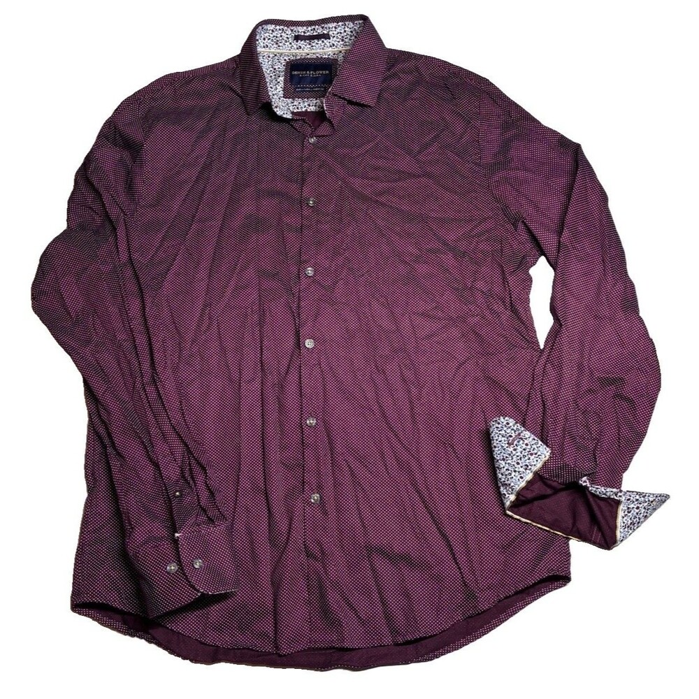 Denim & Flower Ricky Singh Sz L Button Up Long Sleeve Point Collar Burgundy dot